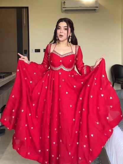 Red Faux Georgette Thread Sequence Work Three Piece Ethnic Set