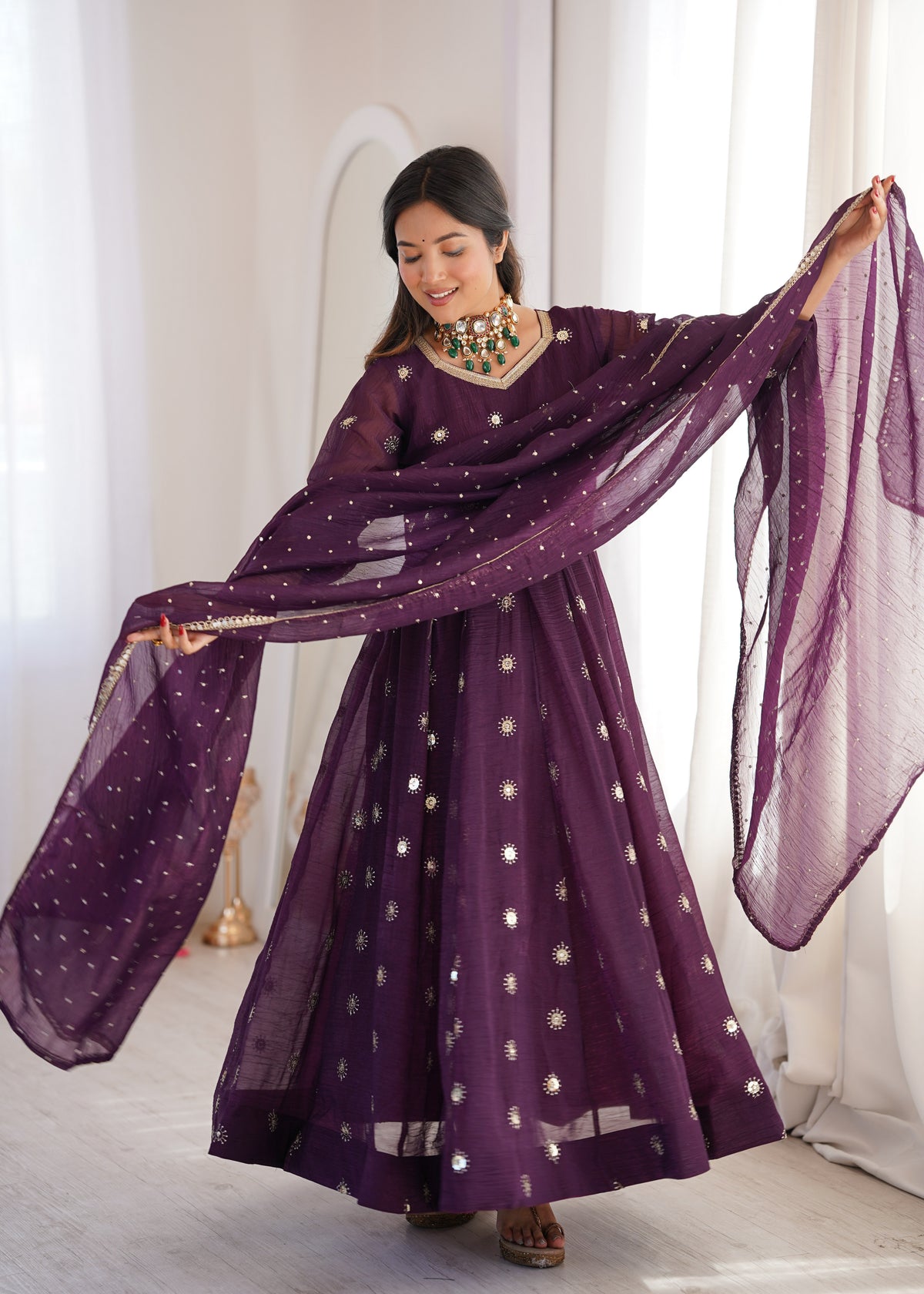 Deep Purple Elegant Crunchy Silk Sequence Work Three Piece Suit Set