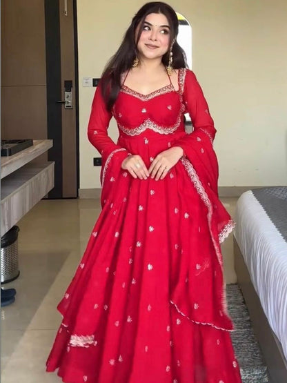 Red Faux Georgette Thread Sequence Work Three Piece Ethnic Set