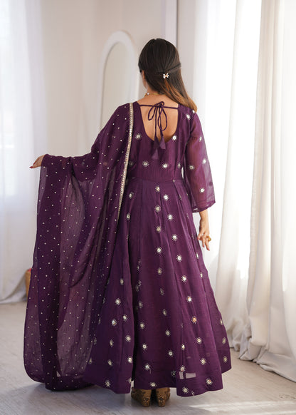 Deep Purple Elegant Crunchy Silk Sequence Work Three Piece Suit Set