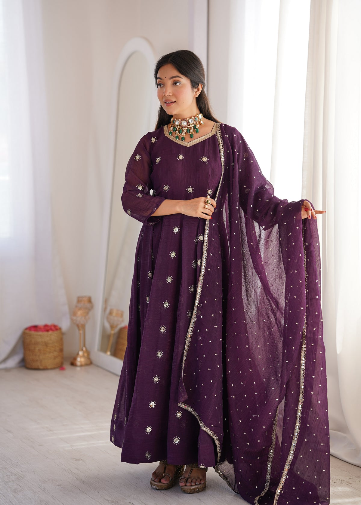 Deep Purple Elegant Crunchy Silk Sequence Work Three Piece Suit Set