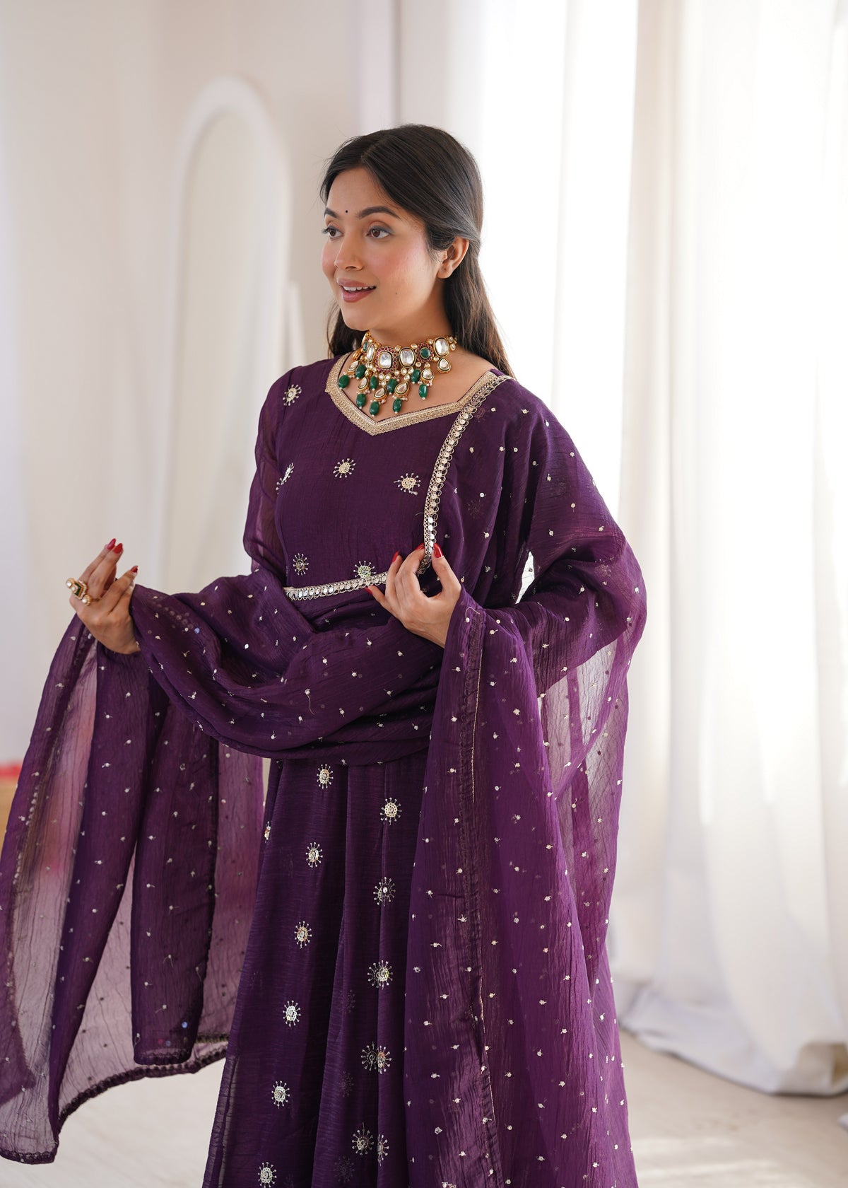 Deep Purple Elegant Crunchy Silk Sequence Work Three Piece Suit Set