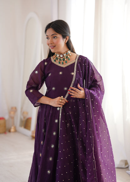 Deep Purple Elegant Crunchy Silk Sequence Work Three Piece Suit Set