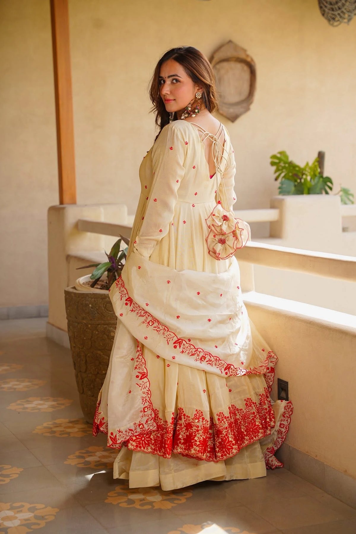 Ivory Embroidery Work Anarkali Palazzo Suit Set
