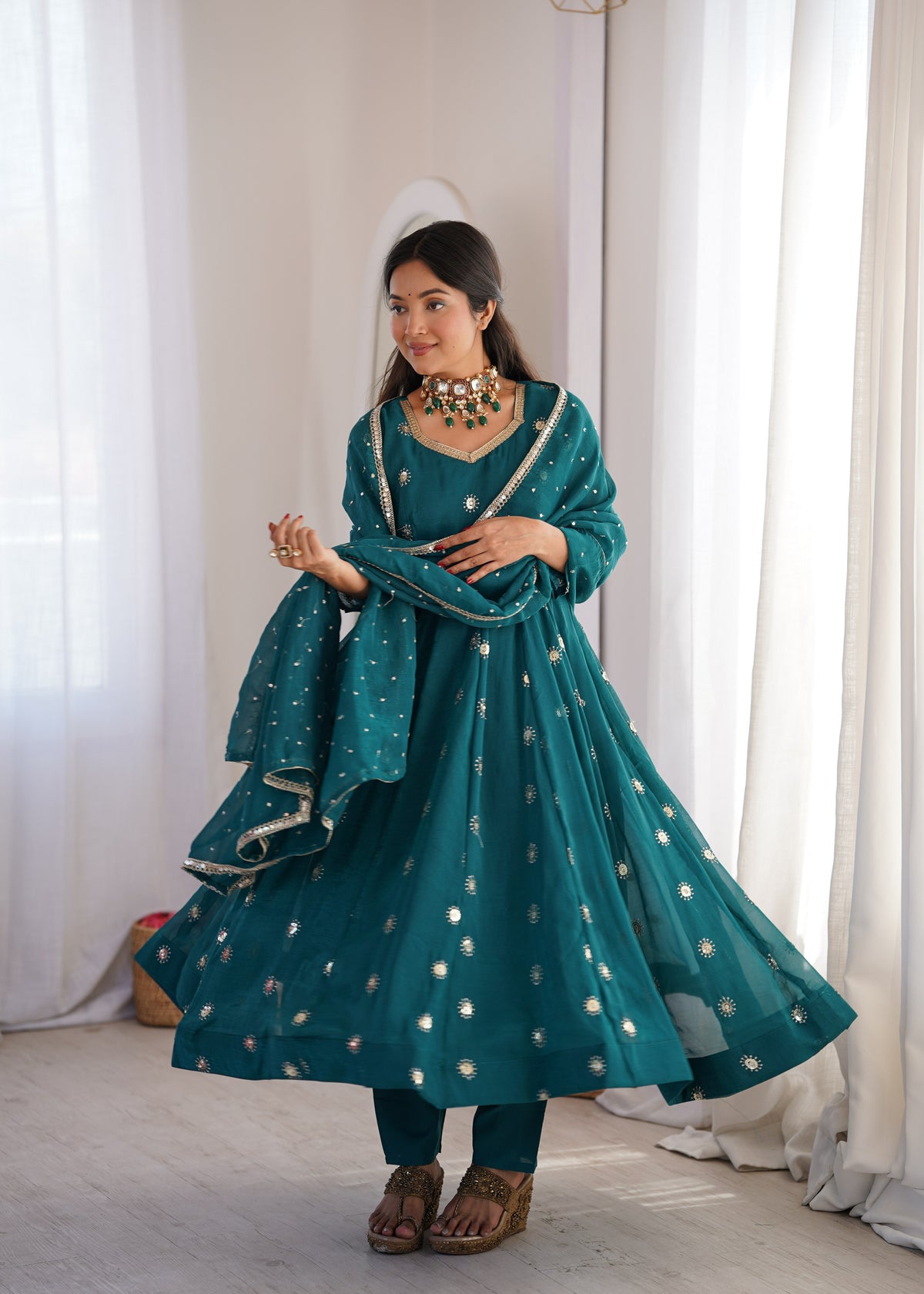 Deep teal Elegant Crunchy Silk Sequence Work Three Piece Suit Set