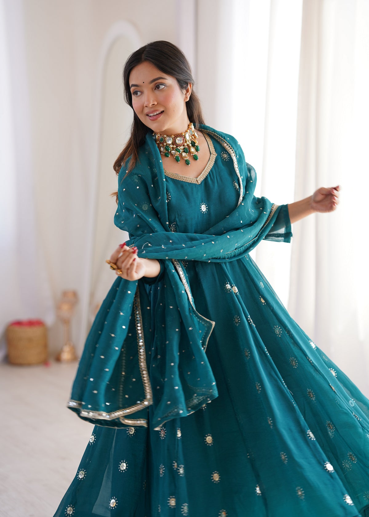 Deep teal Elegant Crunchy Silk Sequence Work Three Piece Suit Set