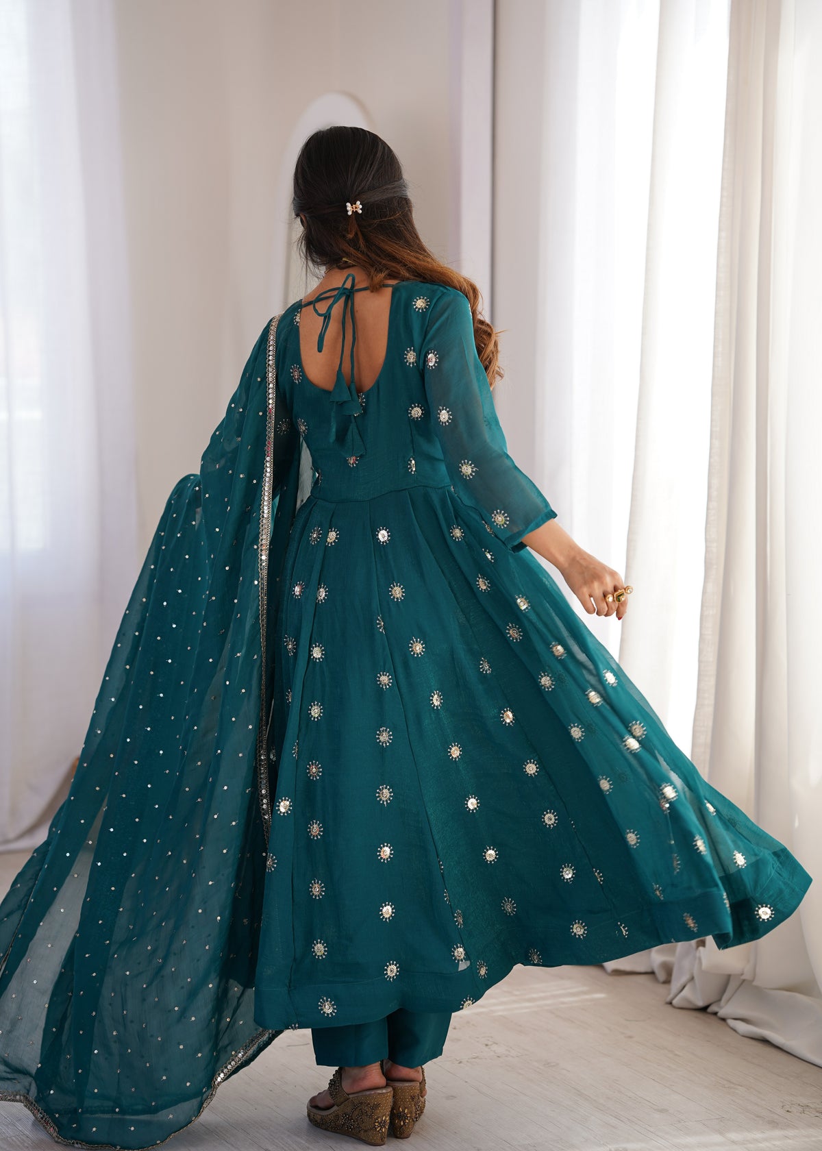 Deep teal Elegant Crunchy Silk Sequence Work Three Piece Suit Set