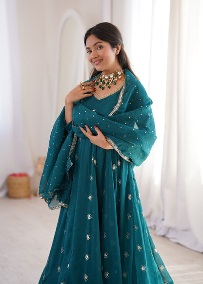Deep teal Elegant Crunchy Silk Sequence Work Three Piece Suit Set