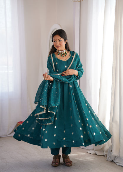 Deep teal Elegant Crunchy Silk Sequence Work Three Piece Suit Set