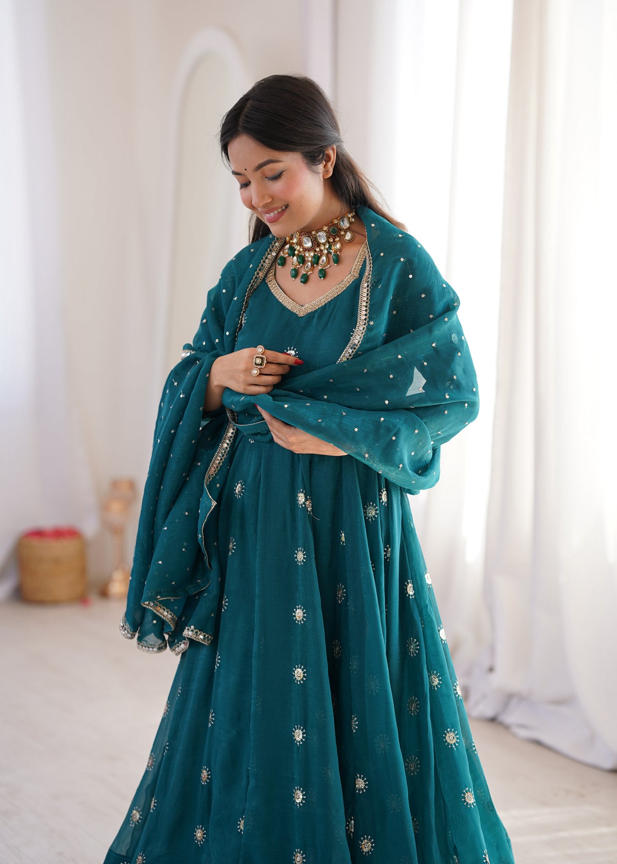 Deep teal Elegant Crunchy Silk Sequence Work Three Piece Suit Set