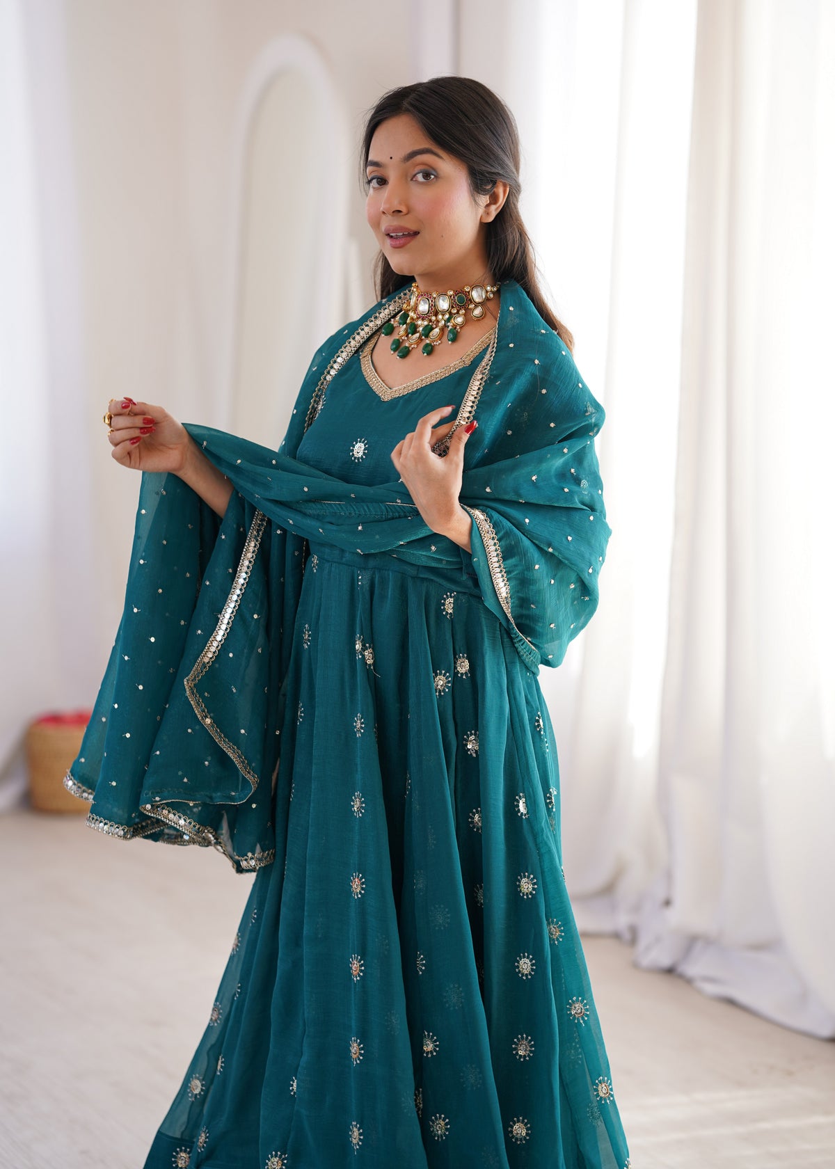 Deep teal Elegant Crunchy Silk Sequence Work Three Piece Suit Set