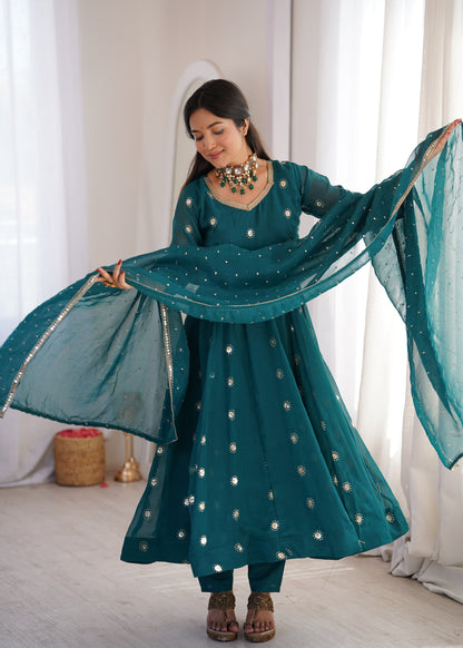 Deep teal Elegant Crunchy Silk Sequence Work Three Piece Suit Set