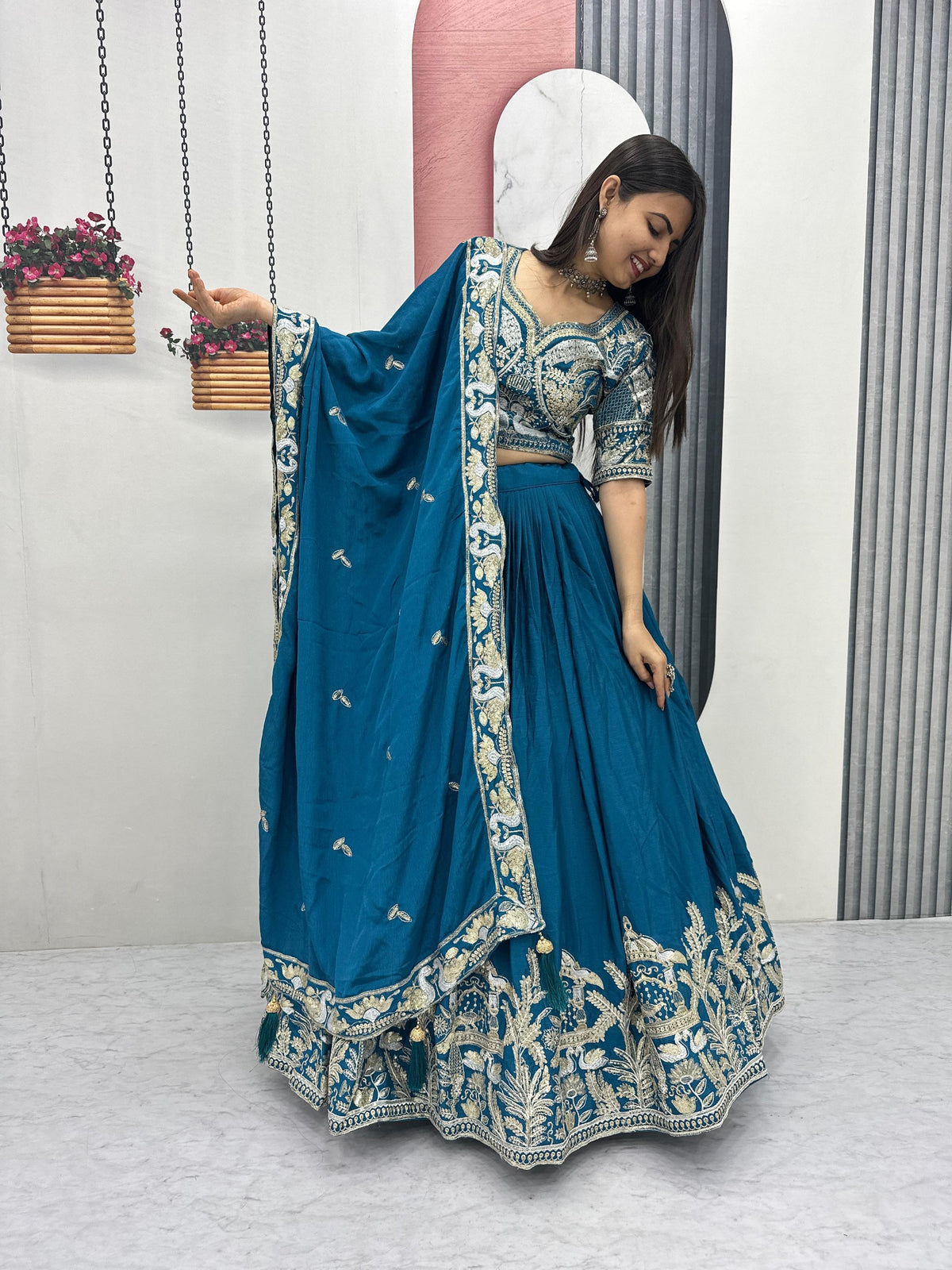 Heavy Embroidered Chinon Silk Festive Lehenga Choli Set