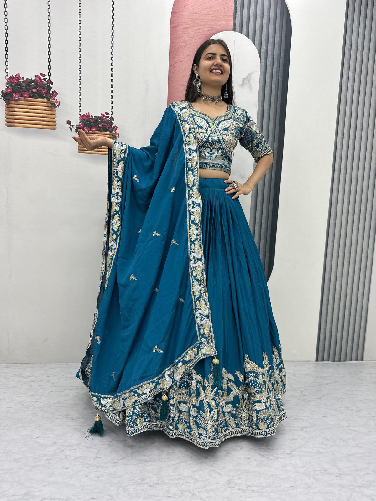 Heavy Embroidered Chinon Silk Festive Lehenga Choli Set