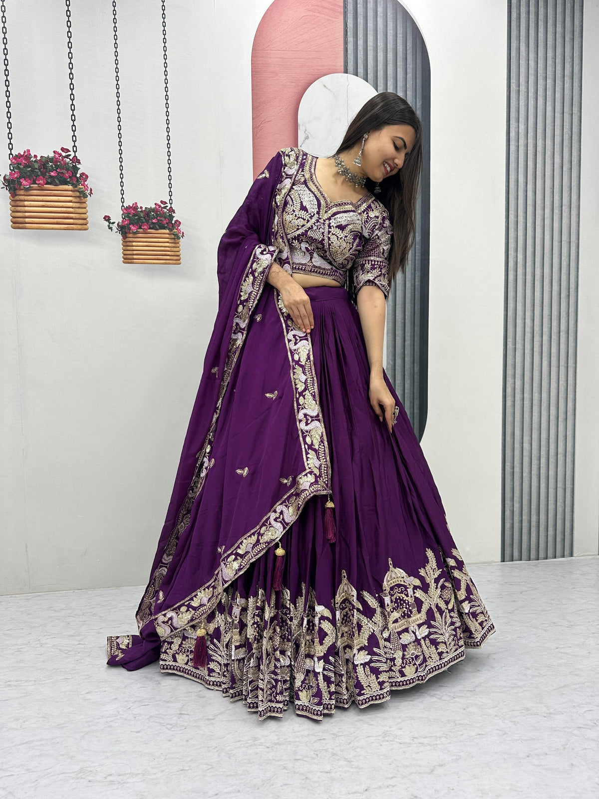 Heavy Embroidered Chinon Silk Festive Lehenga Choli Set