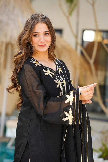 Black Heavenly Handmade Charkhi Gota Work Kurta Sharara Set