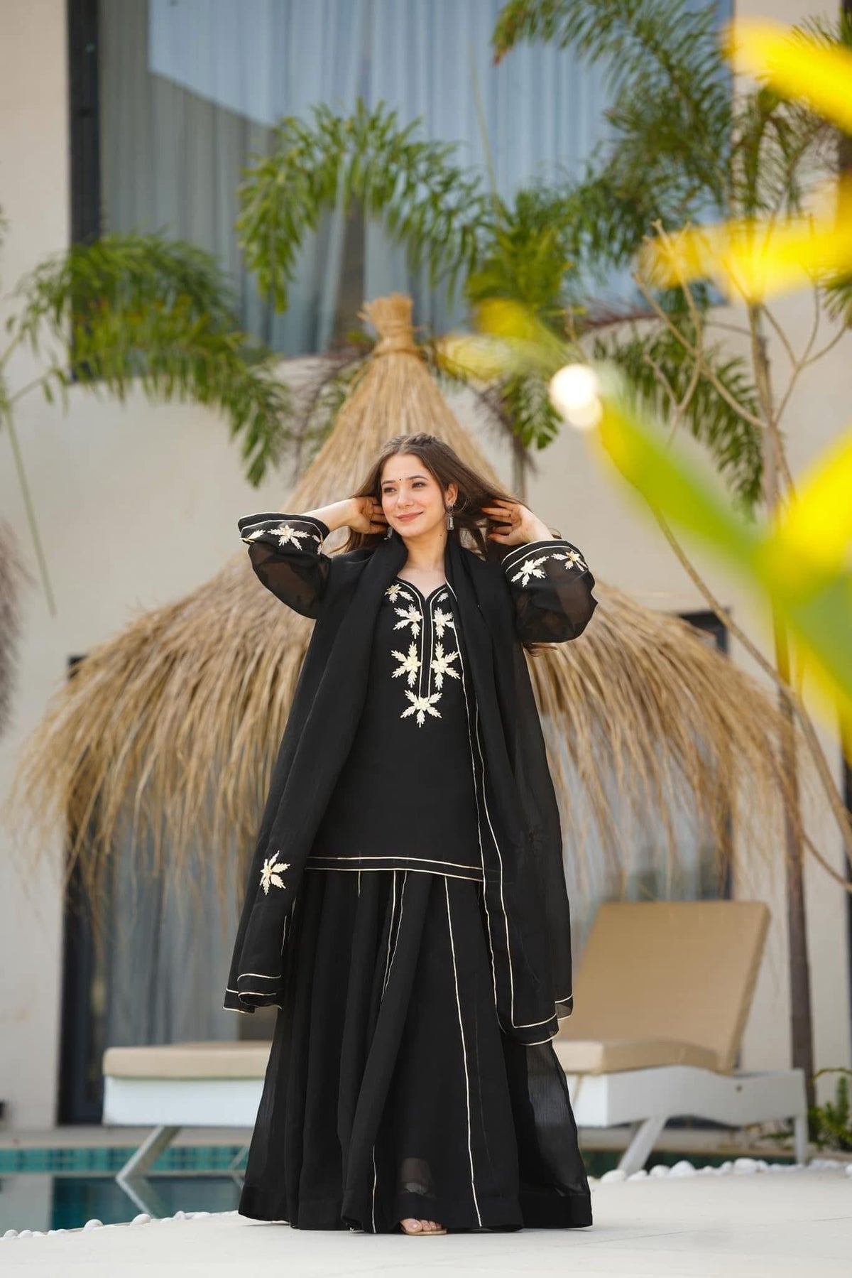 Black Heavenly Handmade Charkhi Gota Work Kurta Sharara Set
