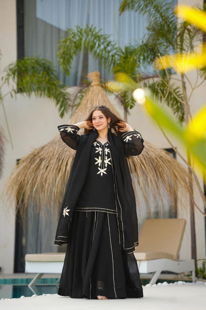 Black Heavenly Handmade Charkhi Gota Work Kurta Sharara Set