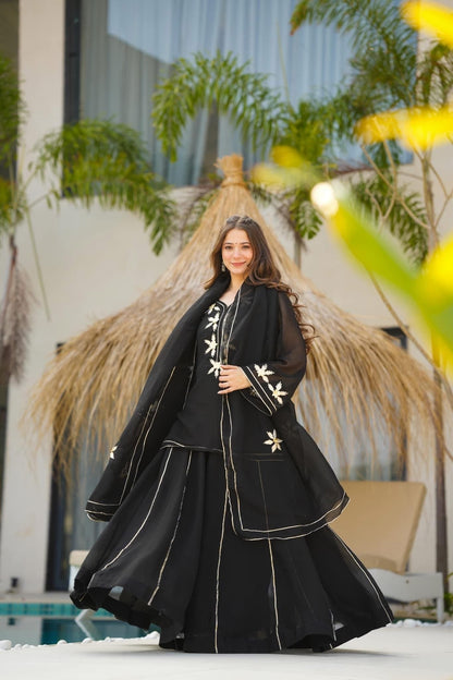 Black Heavenly Handmade Charkhi Gota Work Kurta Sharara Set