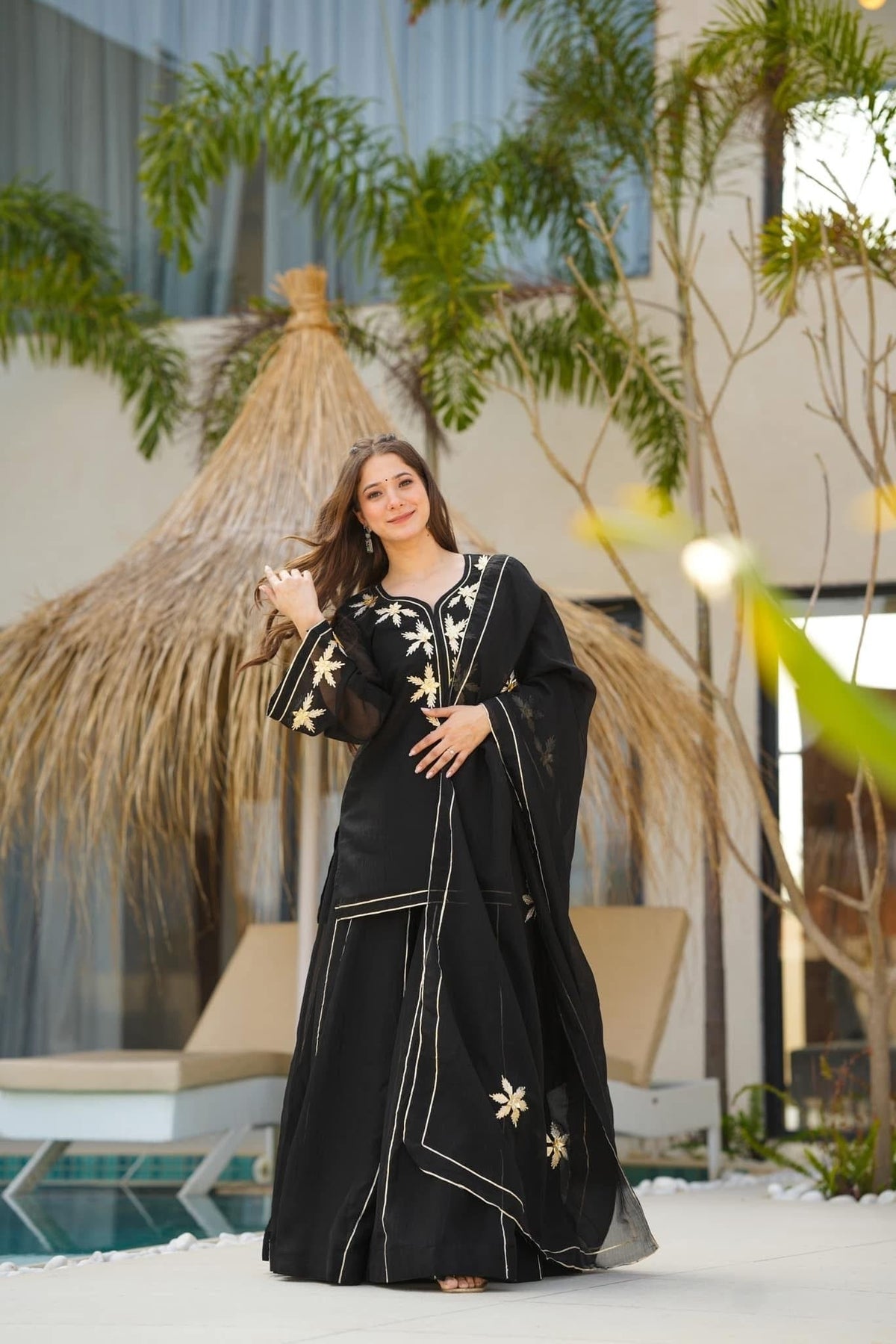 Black Heavenly Handmade Charkhi Gota Work Kurta Sharara Set