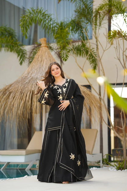 Black Heavenly Handmade Charkhi Gota Work Kurta Sharara Set