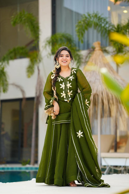Olive Green Heavenly Handmade Charkhi Gota Work Kurta Sharara Set