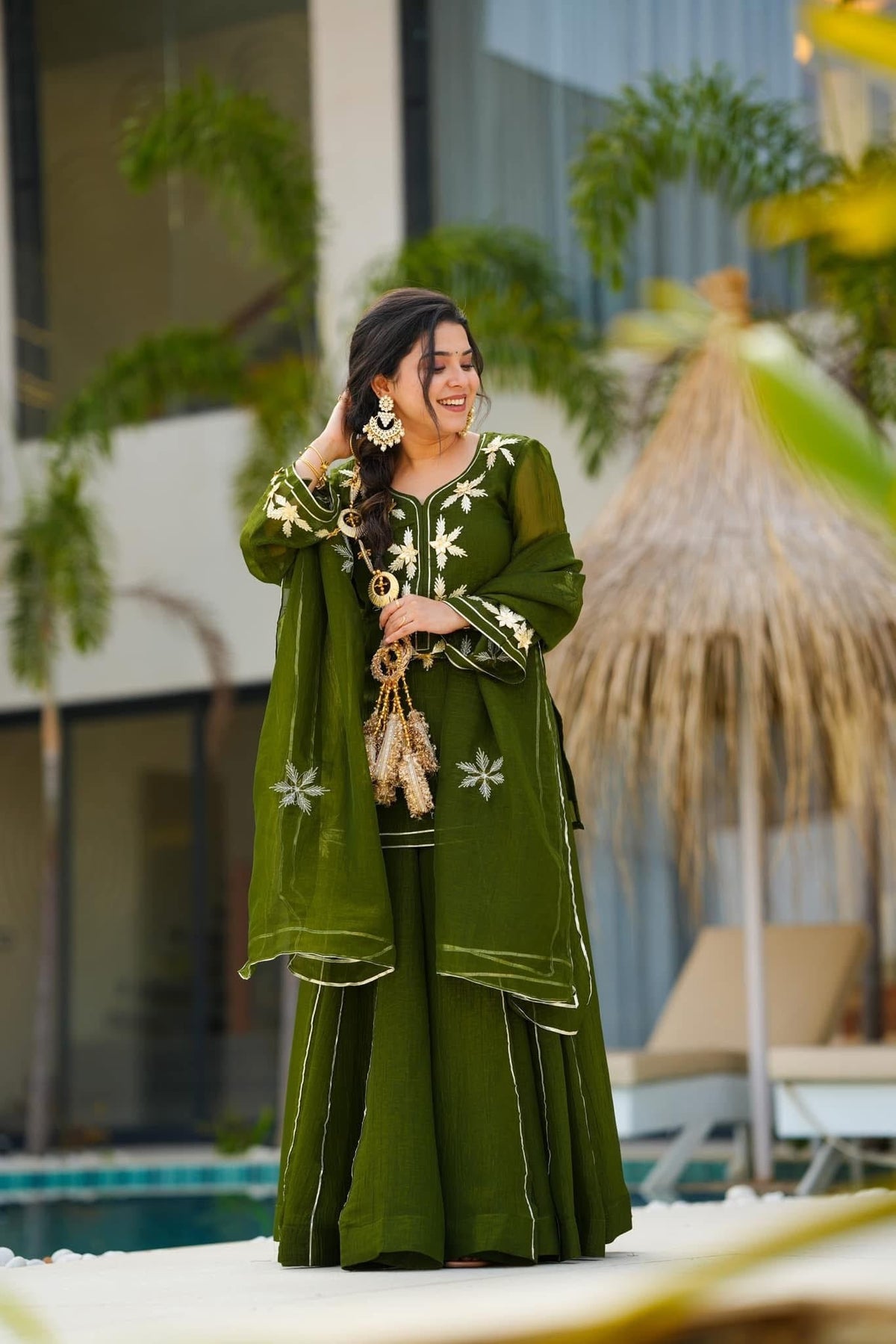 Olive Green Heavenly Handmade Charkhi Gota Work Kurta Sharara Set