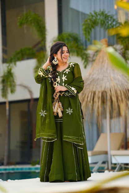 Olive Green Heavenly Handmade Charkhi Gota Work Kurta Sharara Set