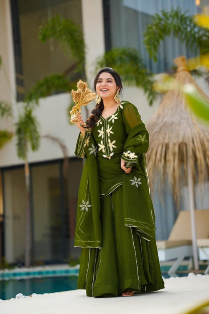 Olive Green Heavenly Handmade Charkhi Gota Work Kurta Sharara Set
