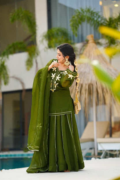 Olive Green Heavenly Handmade Charkhi Gota Work Kurta Sharara Set