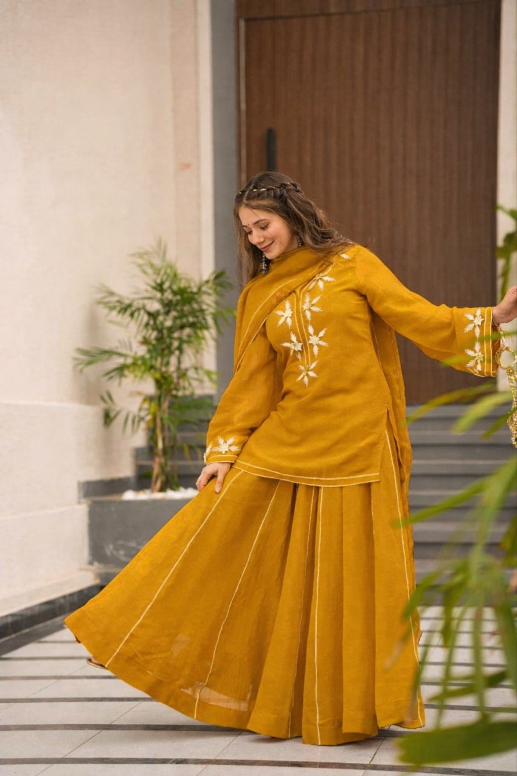 Yellow Heavenly Handmade Charkhi Gota Work Kurta Sharara Set
