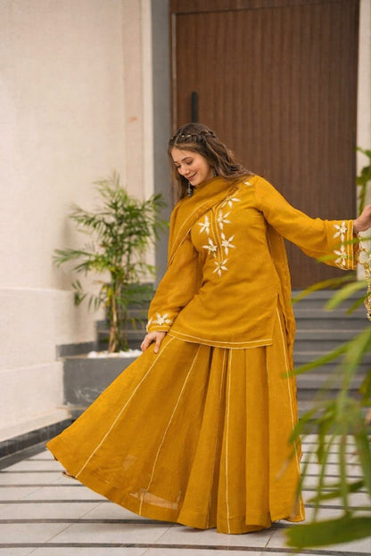 Yellow Heavenly Handmade Charkhi Gota Work Kurta Sharara Set