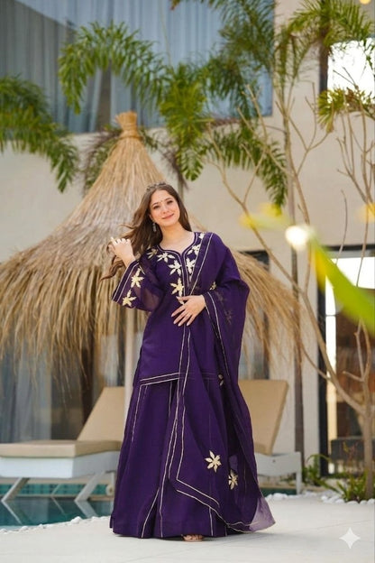 Royal Purple Heavenly Handmade Charkhi Gota Work Kurta Sharara Set