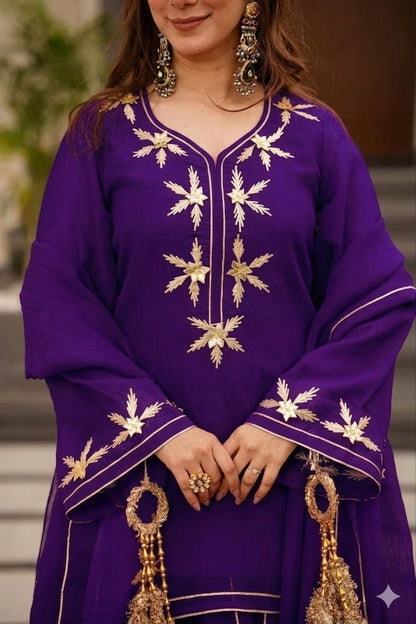 Royal Purple Heavenly Handmade Charkhi Gota Work Kurta Sharara Set