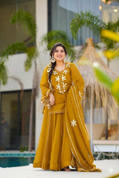 Yellow Heavenly Handmade Charkhi Gota Work Kurta Sharara Set