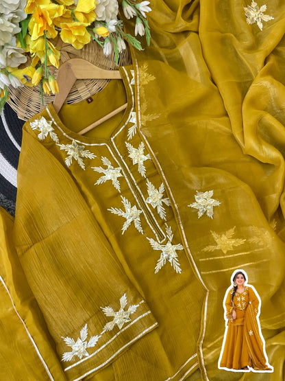 Yellow Heavenly Handmade Charkhi Gota Work Kurta Sharara Set