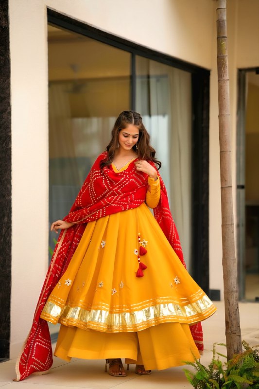 Yellow Handmade Gottapatti Anarkali Palazzo Set With Bandhani Dupatta