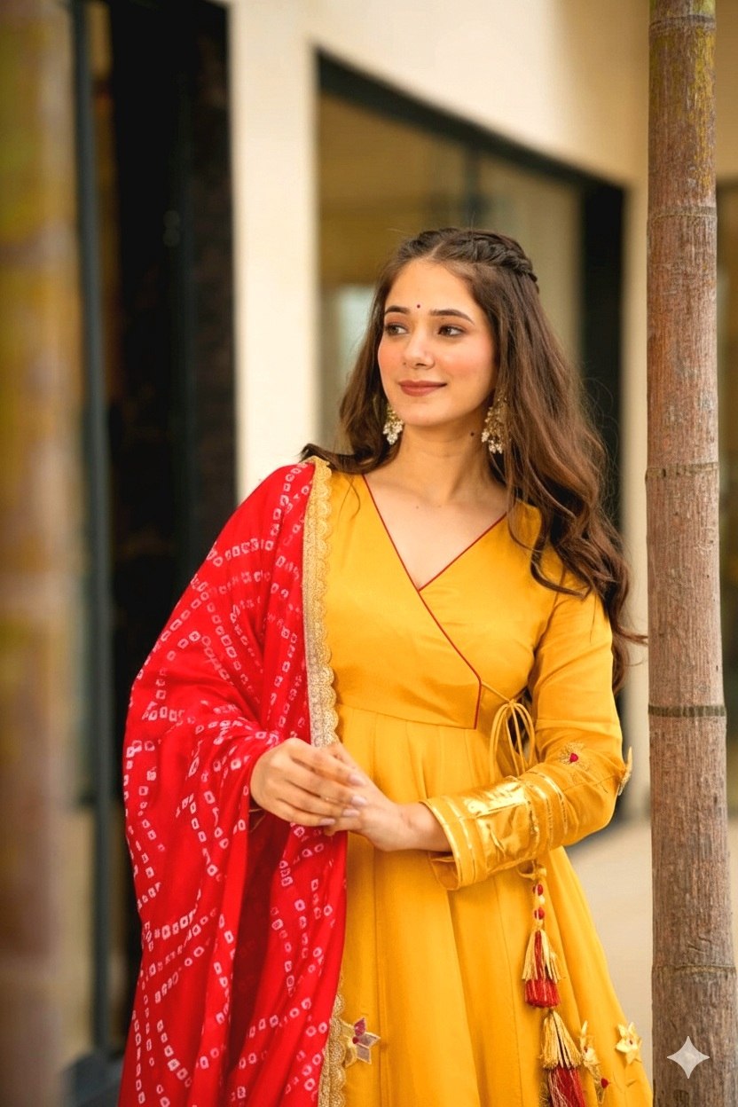 Yellow Handmade Gottapatti Anarkali Palazzo Set With Bandhani Dupatta