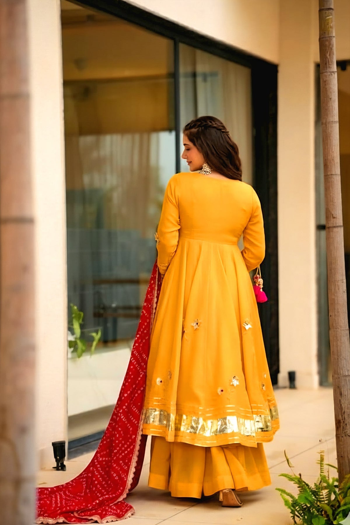 Yellow Handmade Gottapatti Anarkali Palazzo Set With Bandhani Dupatta