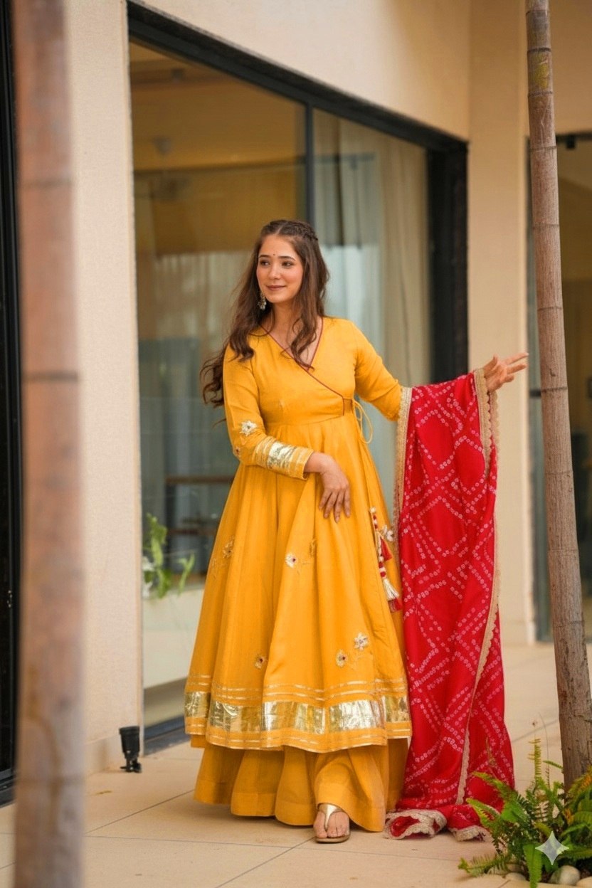 Yellow Handmade Gottapatti Anarkali Palazzo Set With Bandhani Dupatta