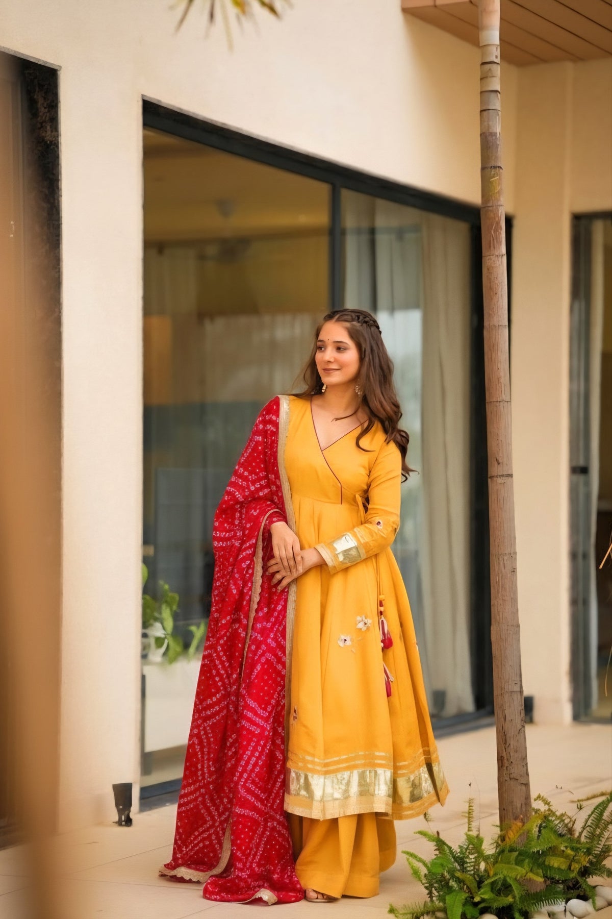 Yellow Handmade Gottapatti Anarkali Palazzo Set With Bandhani Dupatta