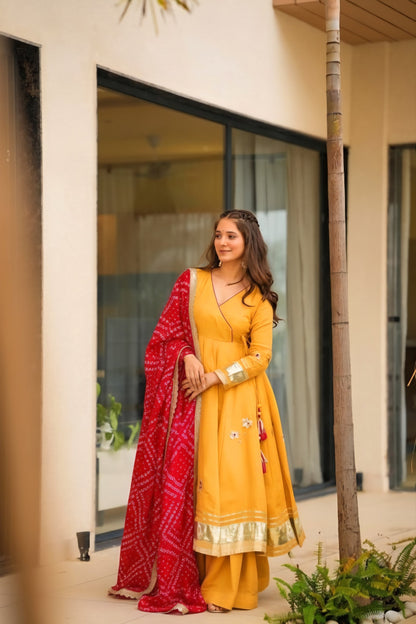 Yellow Handmade Gottapatti Anarkali Palazzo Set With Bandhani Dupatta