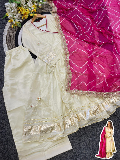 Handmade Gottapatti Anarkali Palazzo Set With Bandhani Dupatta