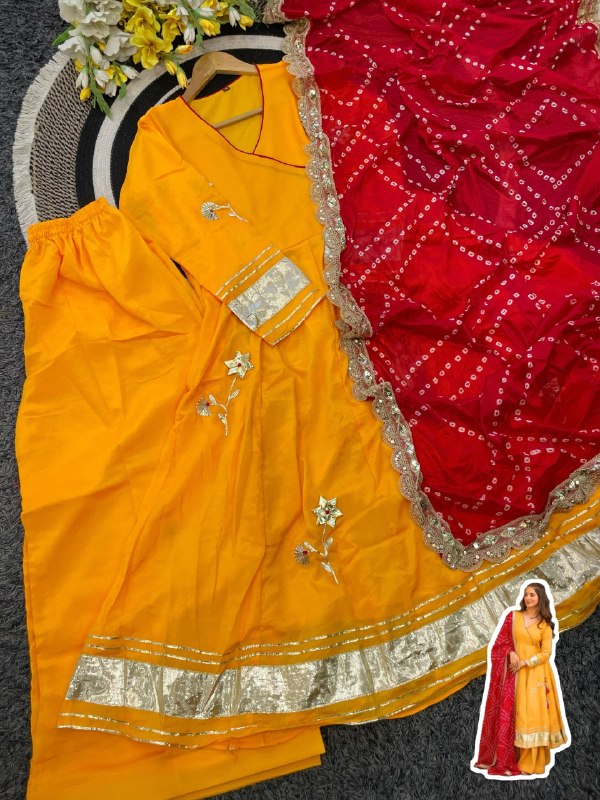 Yellow Handmade Gottapatti Anarkali Palazzo Set With Bandhani Dupatta