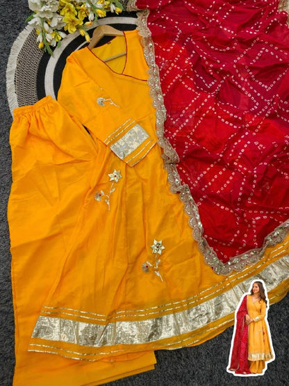 Yellow Handmade Gottapatti Anarkali Palazzo Set With Bandhani Dupatta