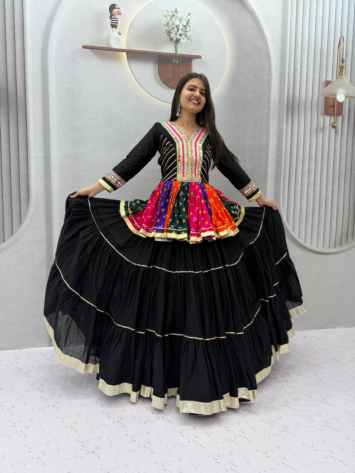 Black Elegant Pure Cotton Gamthi Mirror Work Navratri Lehenga Choli