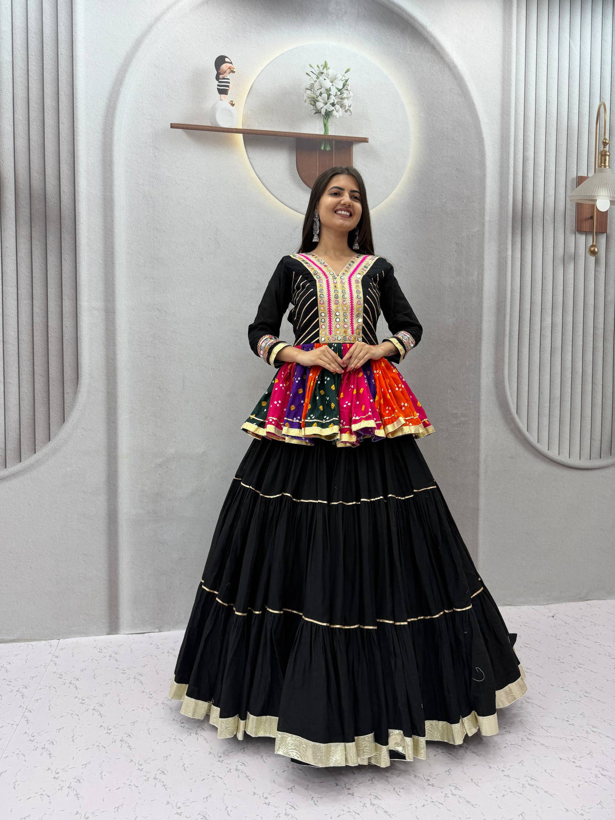 Black Elegant Pure Cotton Gamthi Mirror Work Navratri Lehenga Choli