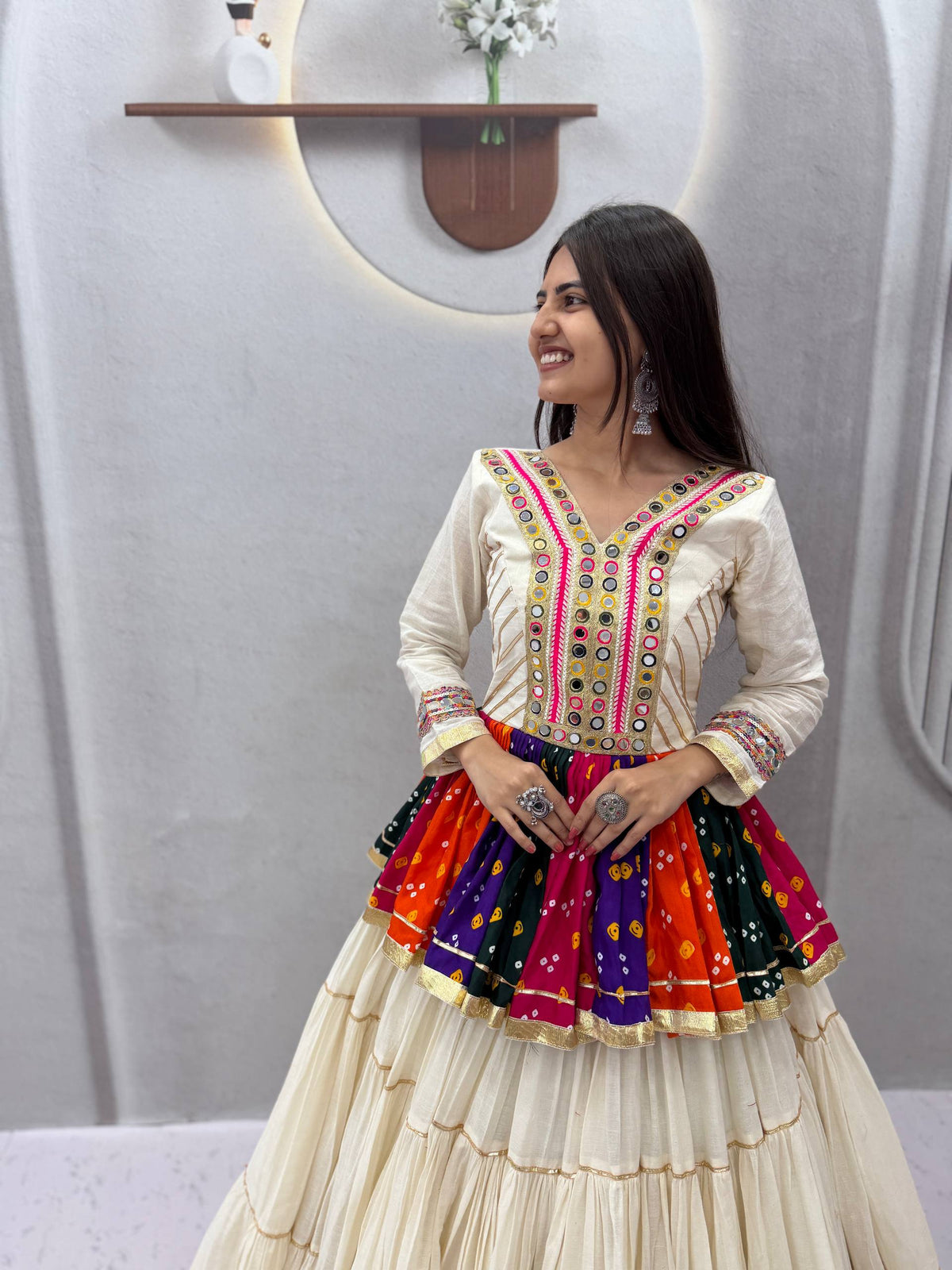White Elegant Pure Cotton Gamthi Mirror Work Navratri Lehenga Choli