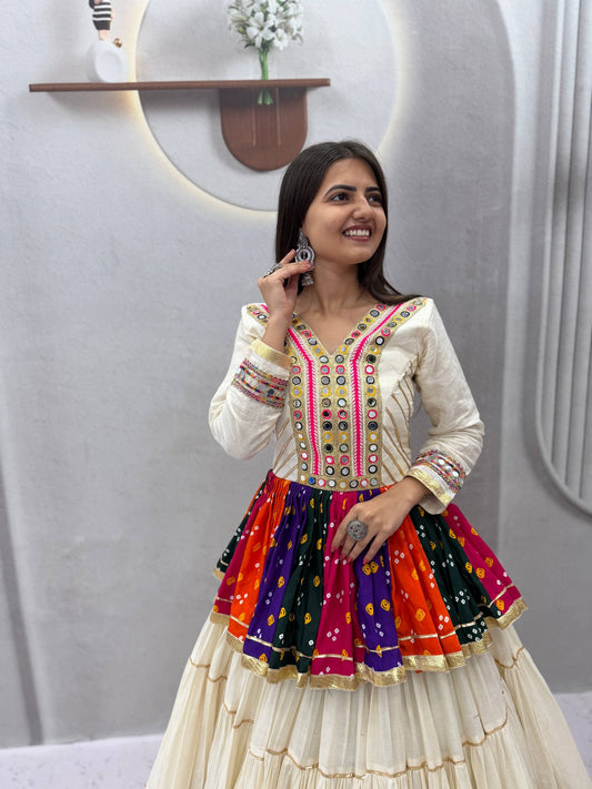 White Elegant Pure Cotton Gamthi Mirror Work Navratri Lehenga Choli