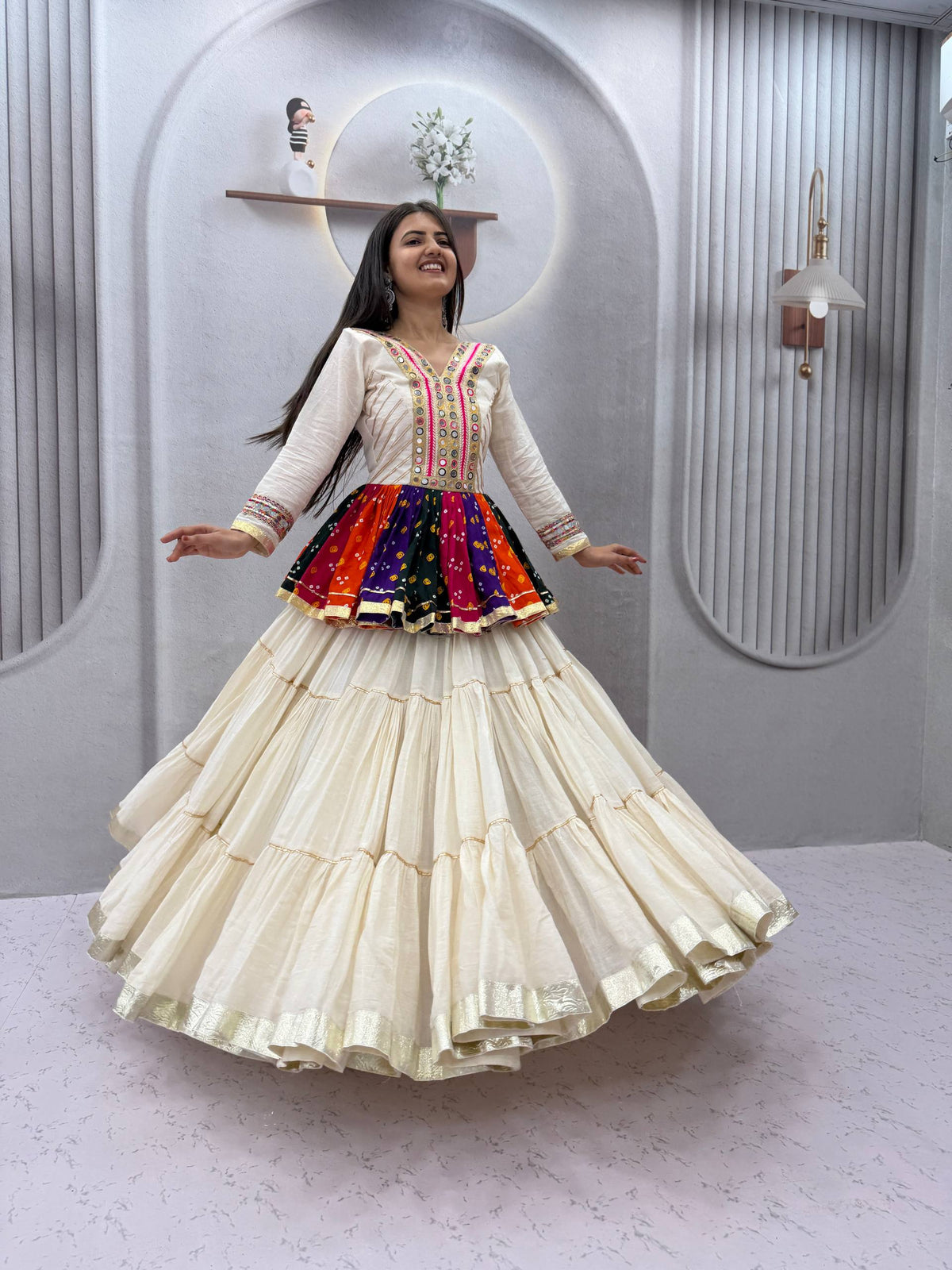 White Elegant Pure Cotton Gamthi Mirror Work Navratri Lehenga Choli